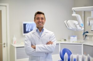 Dentist smiling with arms crossed in the middle of exam room.